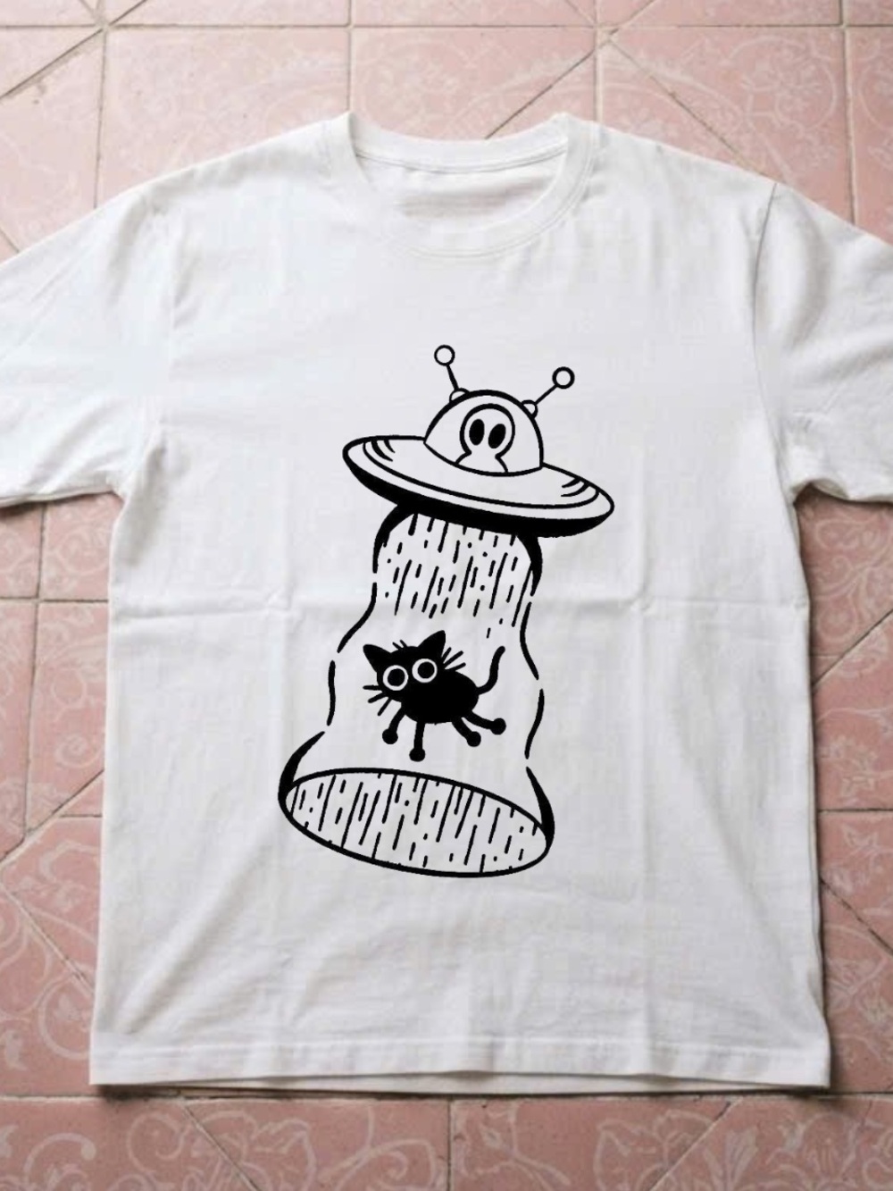 Gildan White Short-Sleeve Tee with Black UFO Cat Graphic